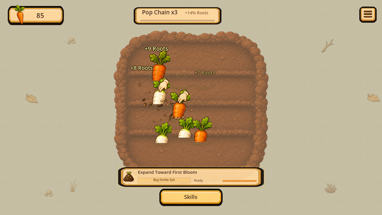 Root Pop gameplay showing two working hands, a Pop Chain x3 reward, Roots receipts, and the First Bloom goal