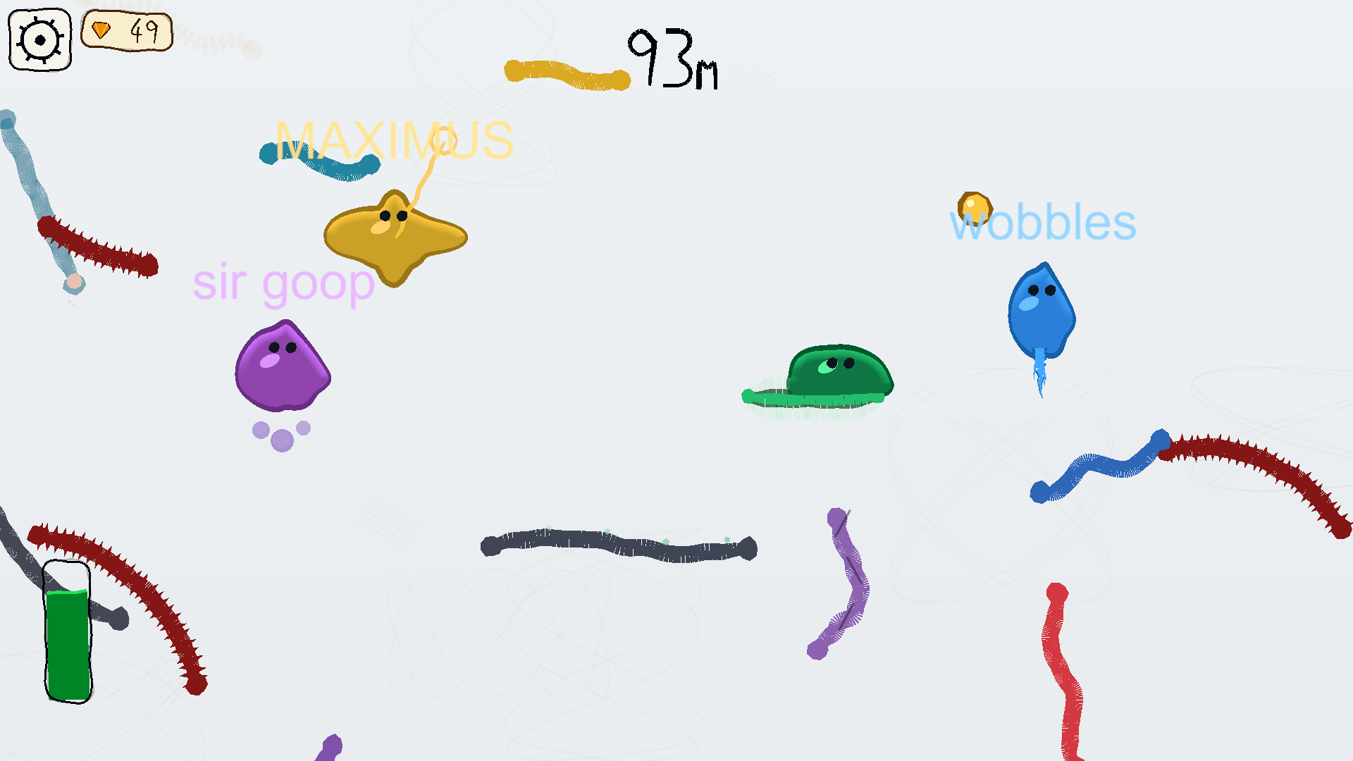 Four slimes racing up the same climb