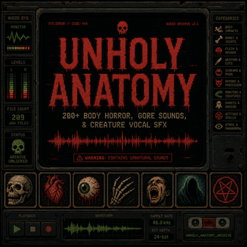 UNHOLY ANATOMY: 209 Body Horror, Gore Sounds & Creature Vocal SFX library cover by Zazie Productions