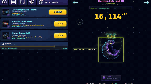 Clikky gameplay loop showing active mining and refinery upgrades