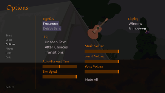 Screenshot of an Options screen, in progress. There’s a four-string instrument, guitar-shaped, in the audio area.