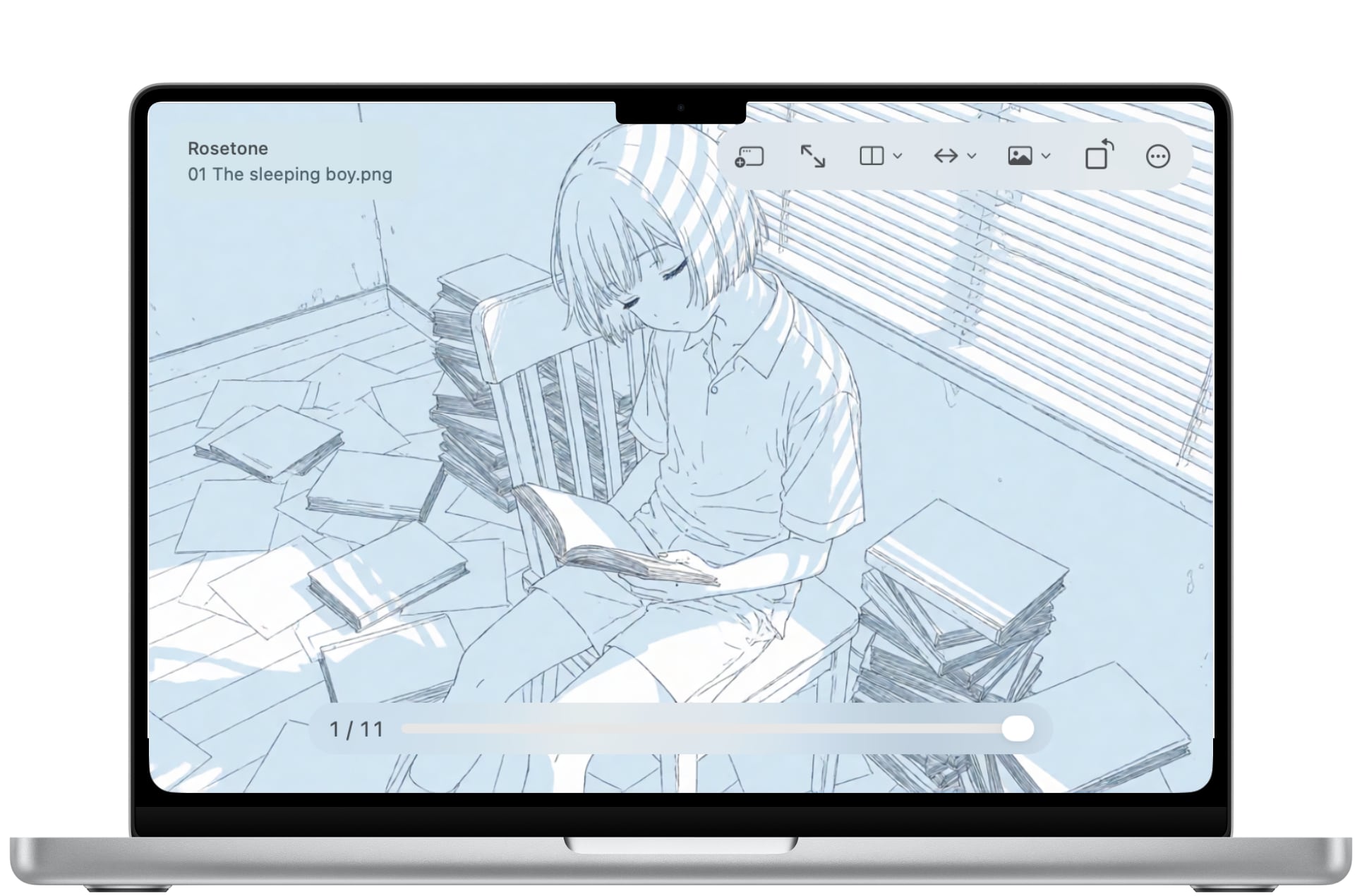 Rosetone running on a MacBook Pro, reading a manga page with the floating toolbar and page slider