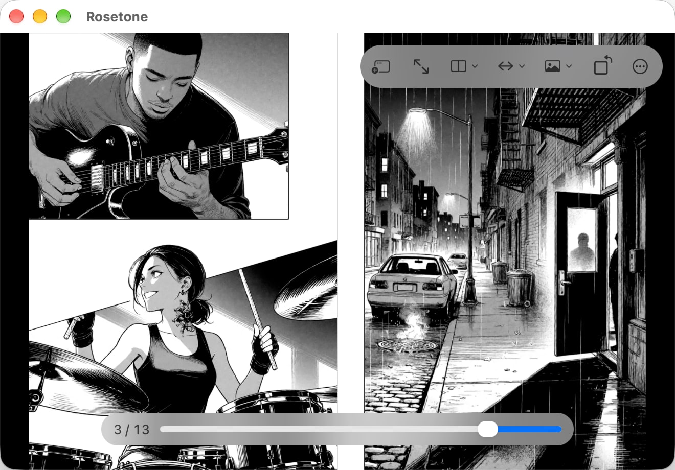Rosetone window showing a two-page manga spread, with the floating toolbar