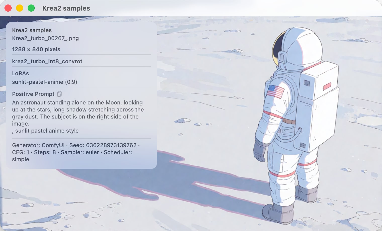 The metadata inspector showing prompt, model, seed, and sampler of an AI-generated image