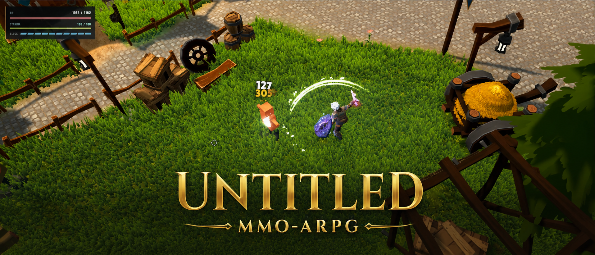 An UNTITLED MMORPG character fighting in a green field.
