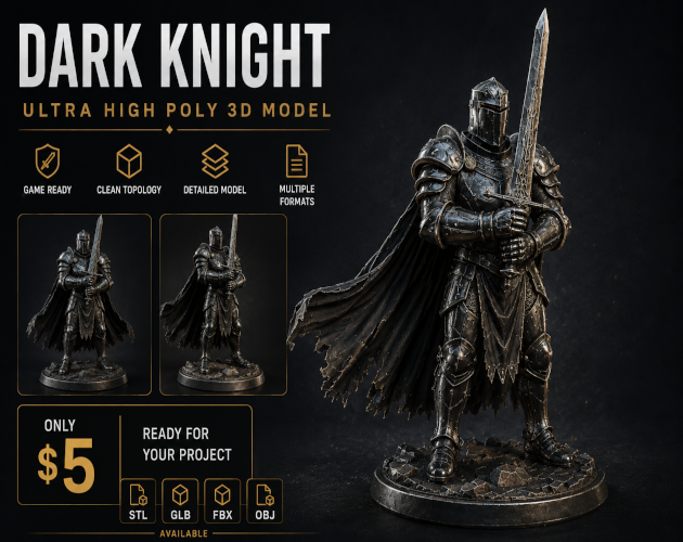 Dark Knight 3D Model | Ultra High Poly Medieval Warrior | STL GLB FBX OBJ