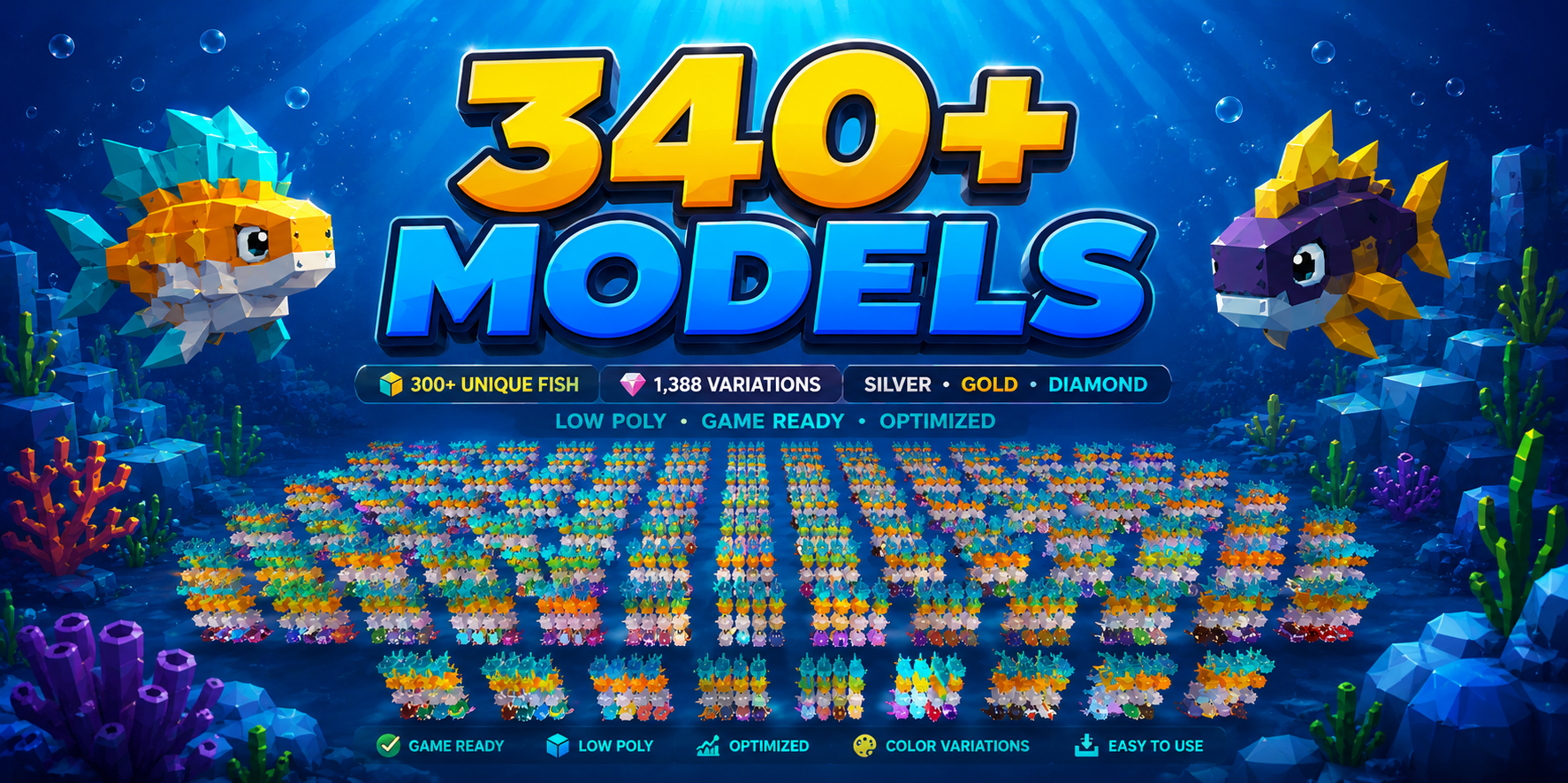 340+ Models of low poly fish, (1388 including variations (silver, gold & diamond))