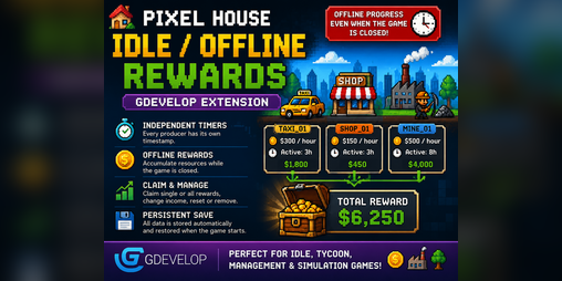 Cover image for Pixel House Idle / Offline Rewards – GDevelop Extension