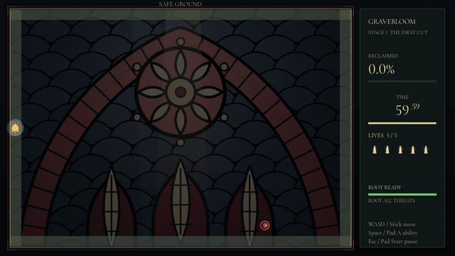 Gravebloom gameplay: a lantern-vessel cuts a line through the blight.