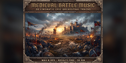 Cover image for Medieval Battle Music - 20 Royalty-Free Epic Orchestral Tracks for Games & RPGs