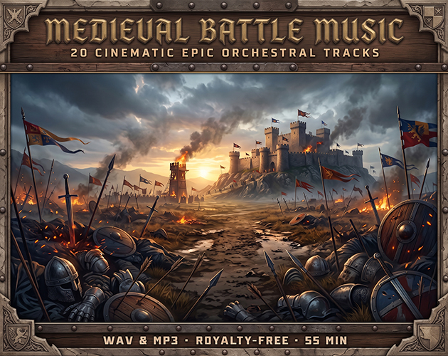 Cover image for Medieval Battle Music - 20 Royalty-Free Epic Orchestral Tracks for Games & RPGs