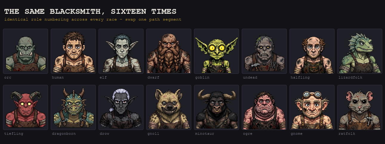 The same blacksmith role drawn for all sixteen races, labelled orc through ratfolk.