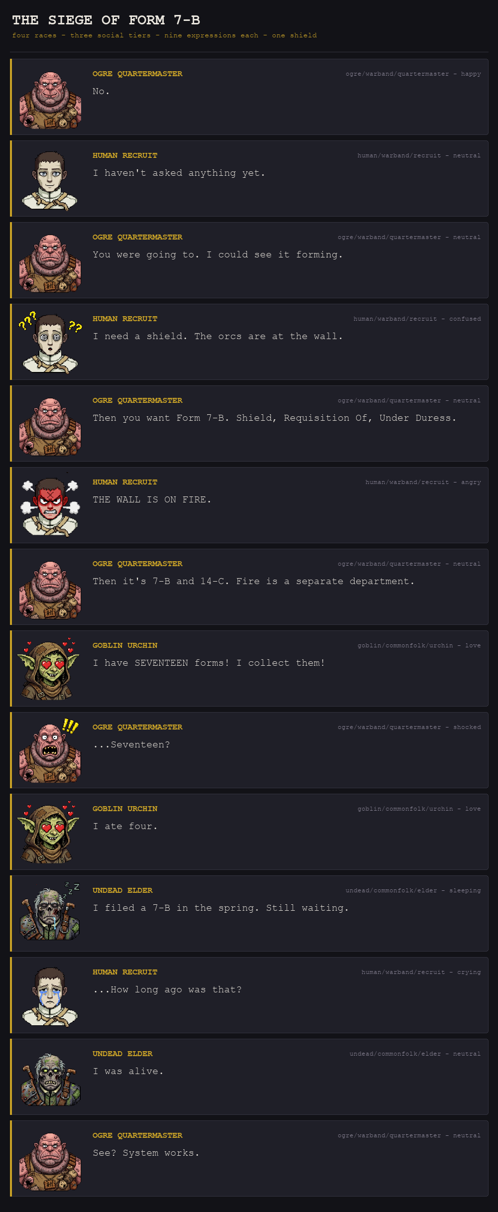 A conversation from the demo: an ogre quartermaster and a human recruit trading lines, each portrait labelled with its file path and mood.