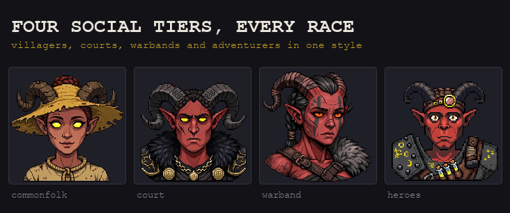The same race drawn at all four social tiers: commonfolk, court, warband, heroes.
