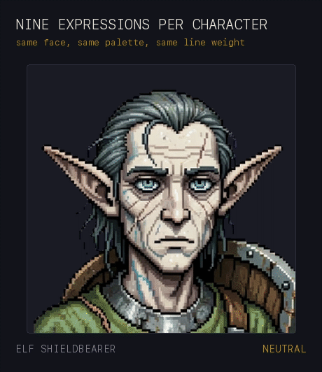 One elf shieldbearer cycling through all nine of his expressions.
