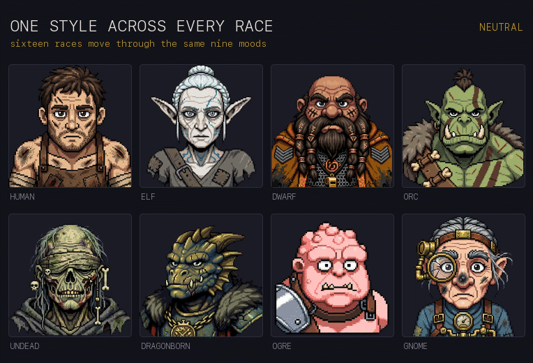 Eight races cycling through the same nine expressions in the same art style.