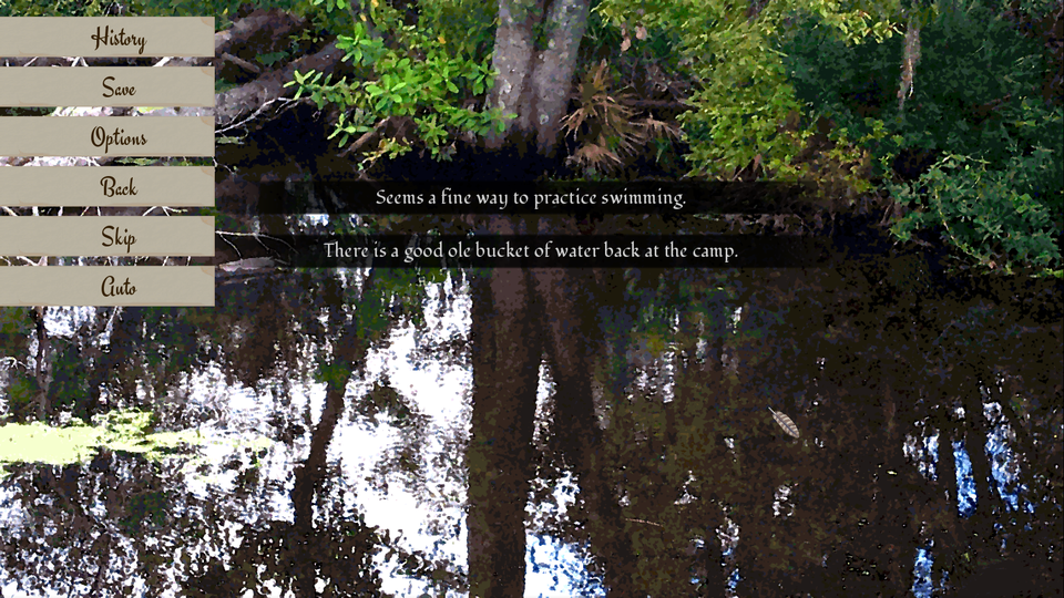 Screenshot of a swampy water hole with two swimming-related questions and, on the side, a quick menu made of paper strips.