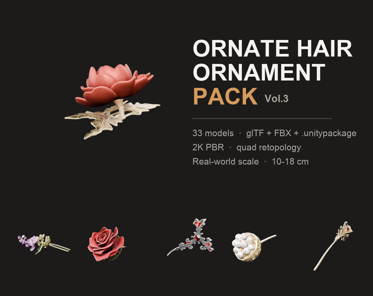 Ornate Hair Ornament Pack Vol.3 — 33 Kanzashi, Combs & Pins by