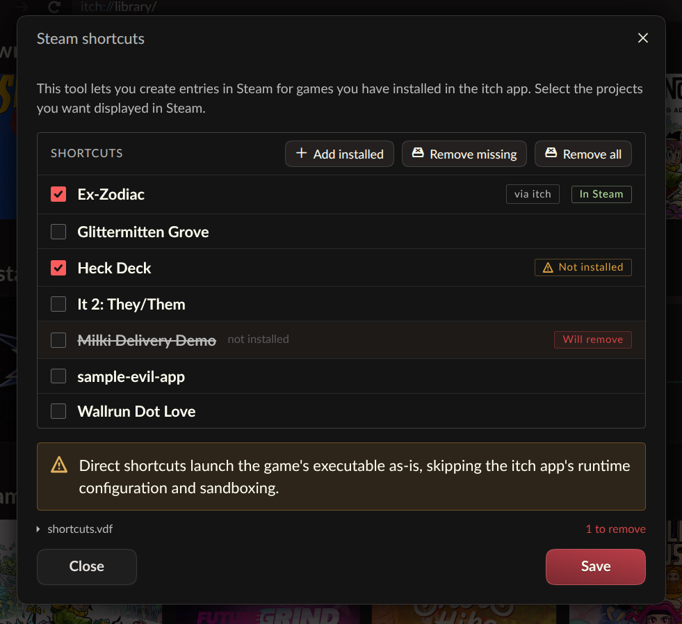 itch app Steam shortcuts and headless launching
