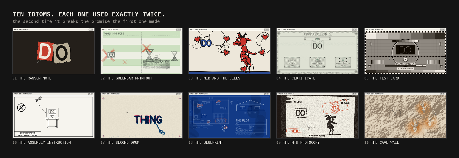 Ten tiles side by side, one per drawing idiom: a ransom note, a green-bar printout, pen-and-ink cells, an engraved certificate, a test card, an assembly diagram, a two-colour misprint, a blueprint, a photocopy, a rock wall.