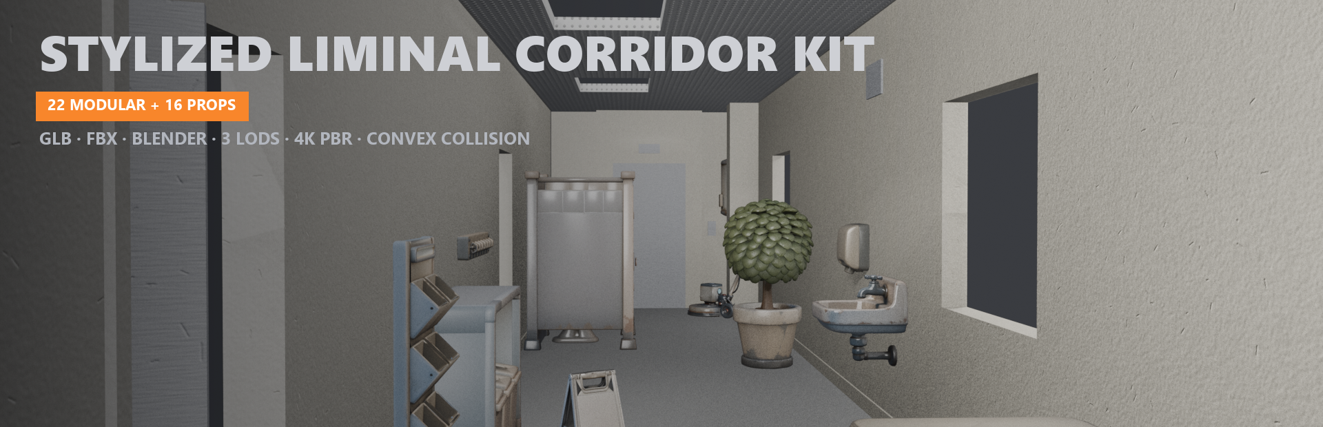 Stylized Liminal Corridor Kit - Modular Building + 16 Props