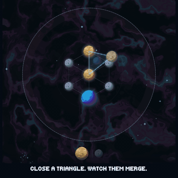 Three matching planets close a clear triangle, then merge into one larger planet.