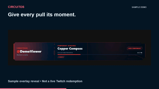 CircuitOS sample item reveal in an OBS overlay