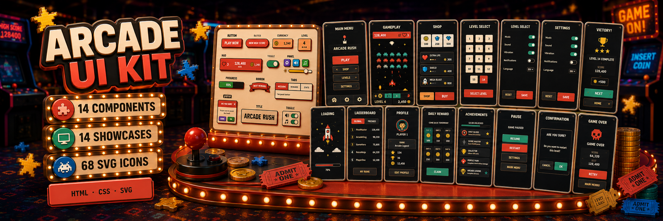 Arcade UI Kit — HTML, CSS & SVG Game Interface System