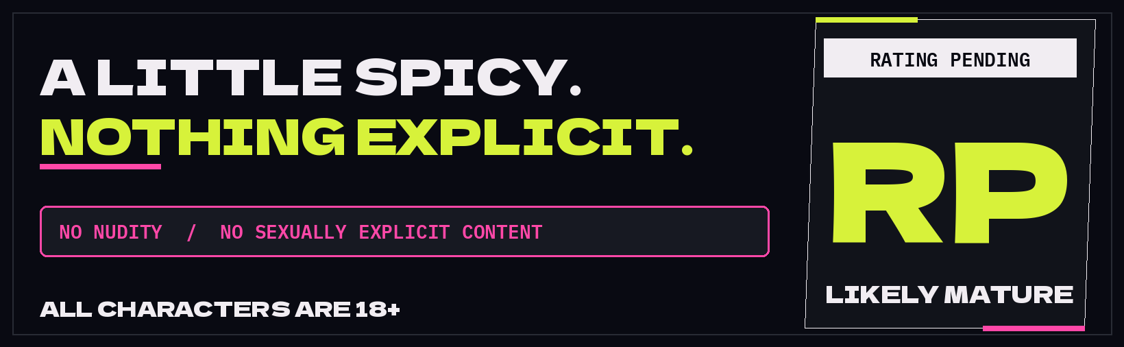 A little spicy, nothing explicit. No nudity, no sexually explicit content. All characters are 18+. Rating pending, likely mature.