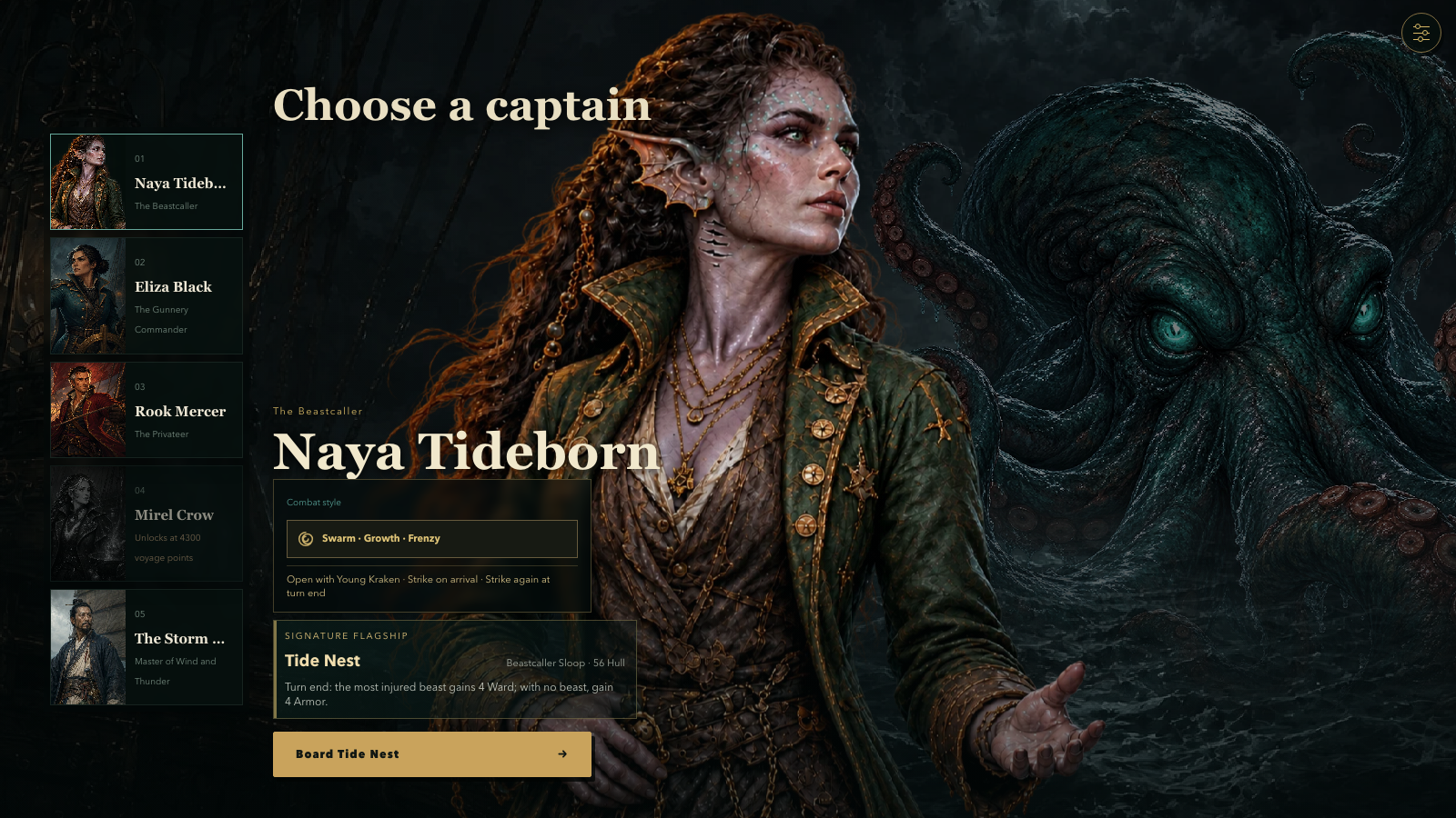 Five playable captains gathered around the chart table, including Naya the Beastcaller and the Storm Ritualist