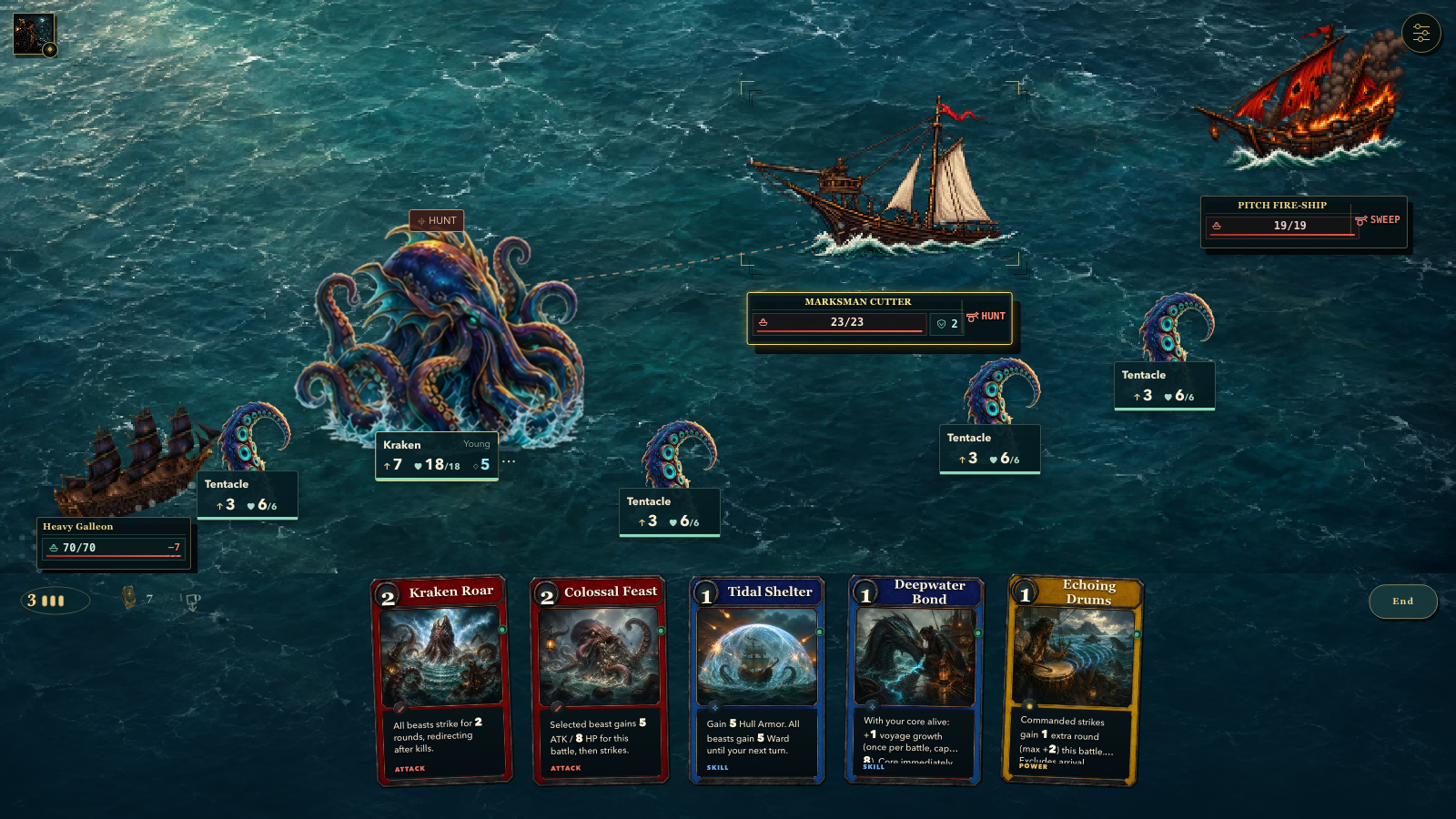 Naya's ship fights alongside a formation of summoned sea beasts