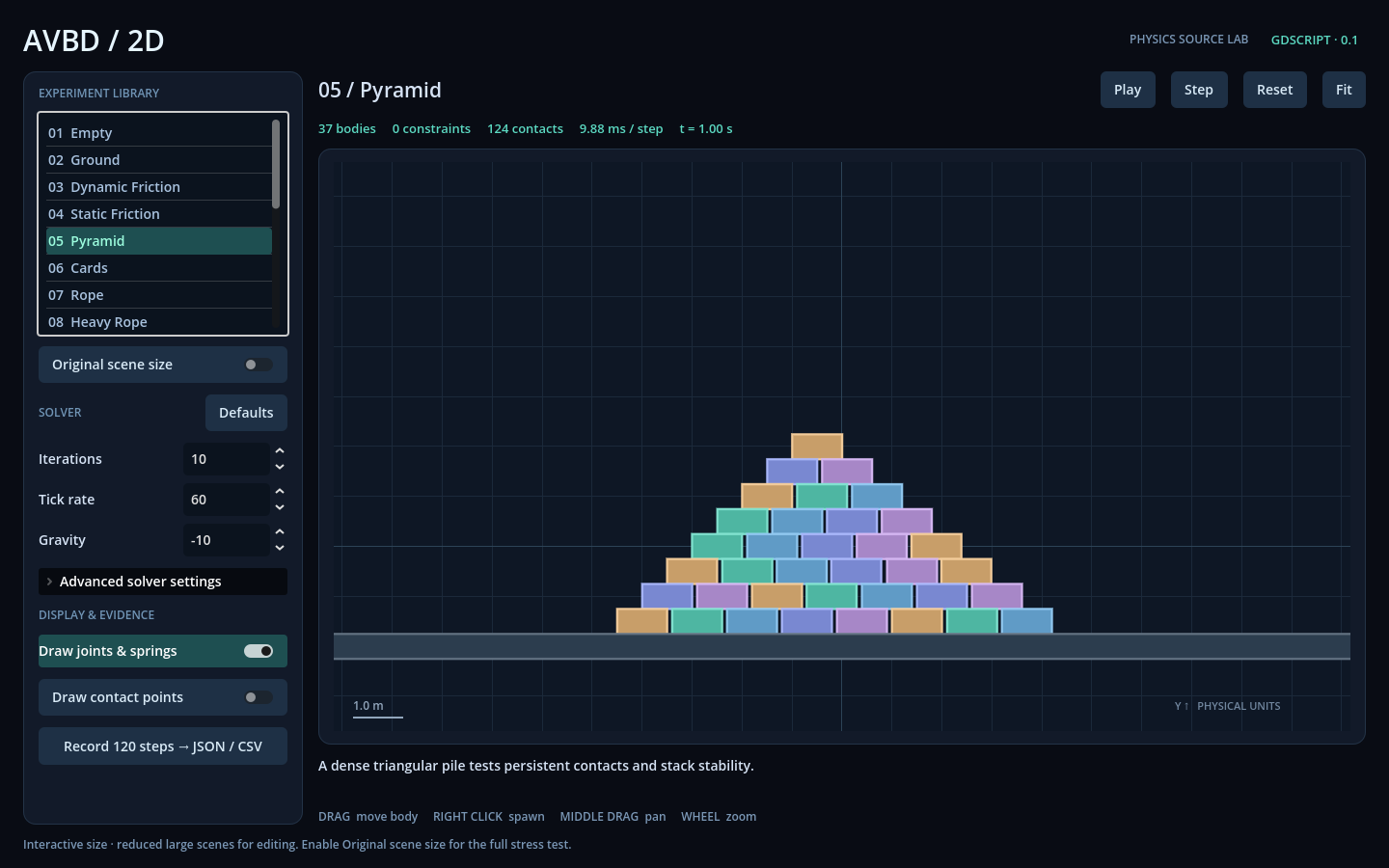 Physics lab Pyramid experiment with colored rectangles and editable solver settings