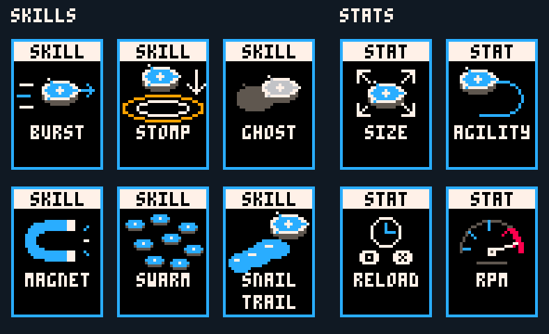 All ten reward cards: Burst, Stomp, Ghost, Magnet, Swarm, Snail Trail, Size, Agility, Reload and RPM