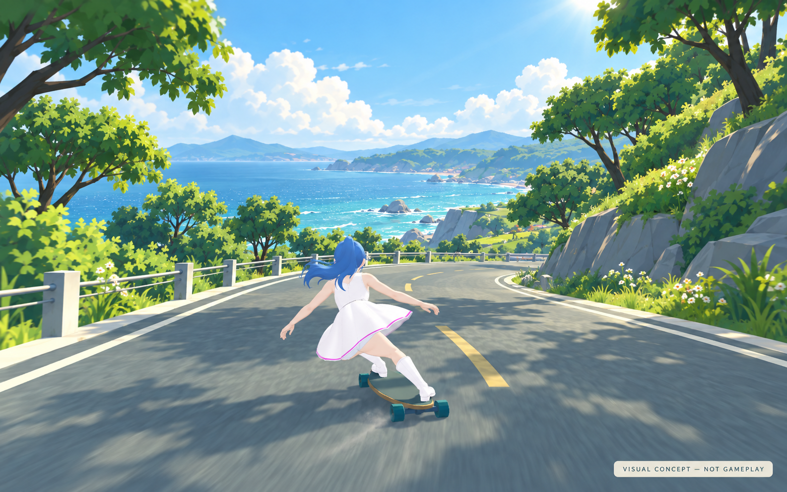 Visual concept: low drifting pose on a lush green coastal downhill