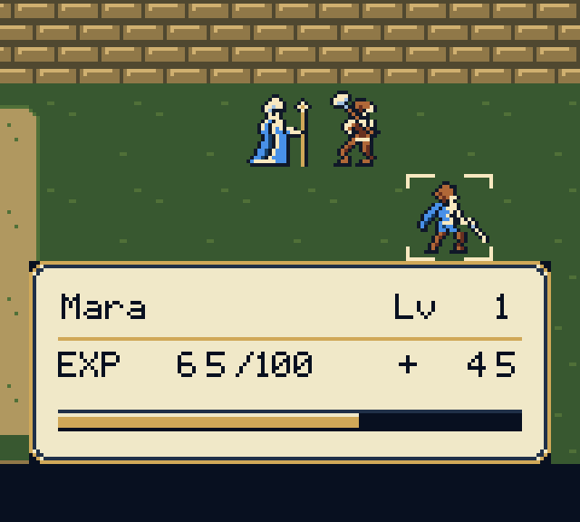 Mara earns EXP, fills the gauge to 100, levels up, and carries 10 EXP forward.