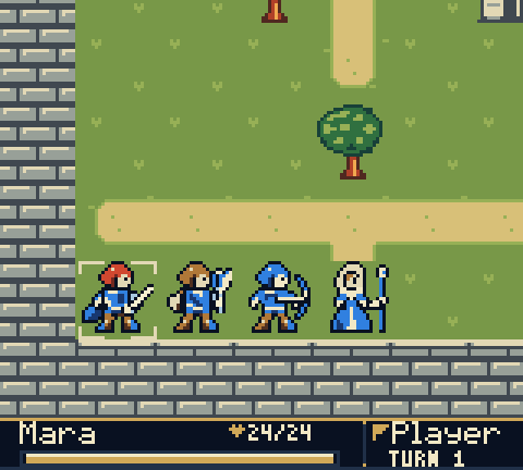 Version 0.1.8 gameplay: selecting Mara, viewing her movement grid, walking and opening the action menu.