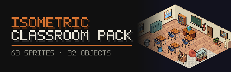 Isometric Classroom Pack: 63 Sprites (32 Objects + Room Set)