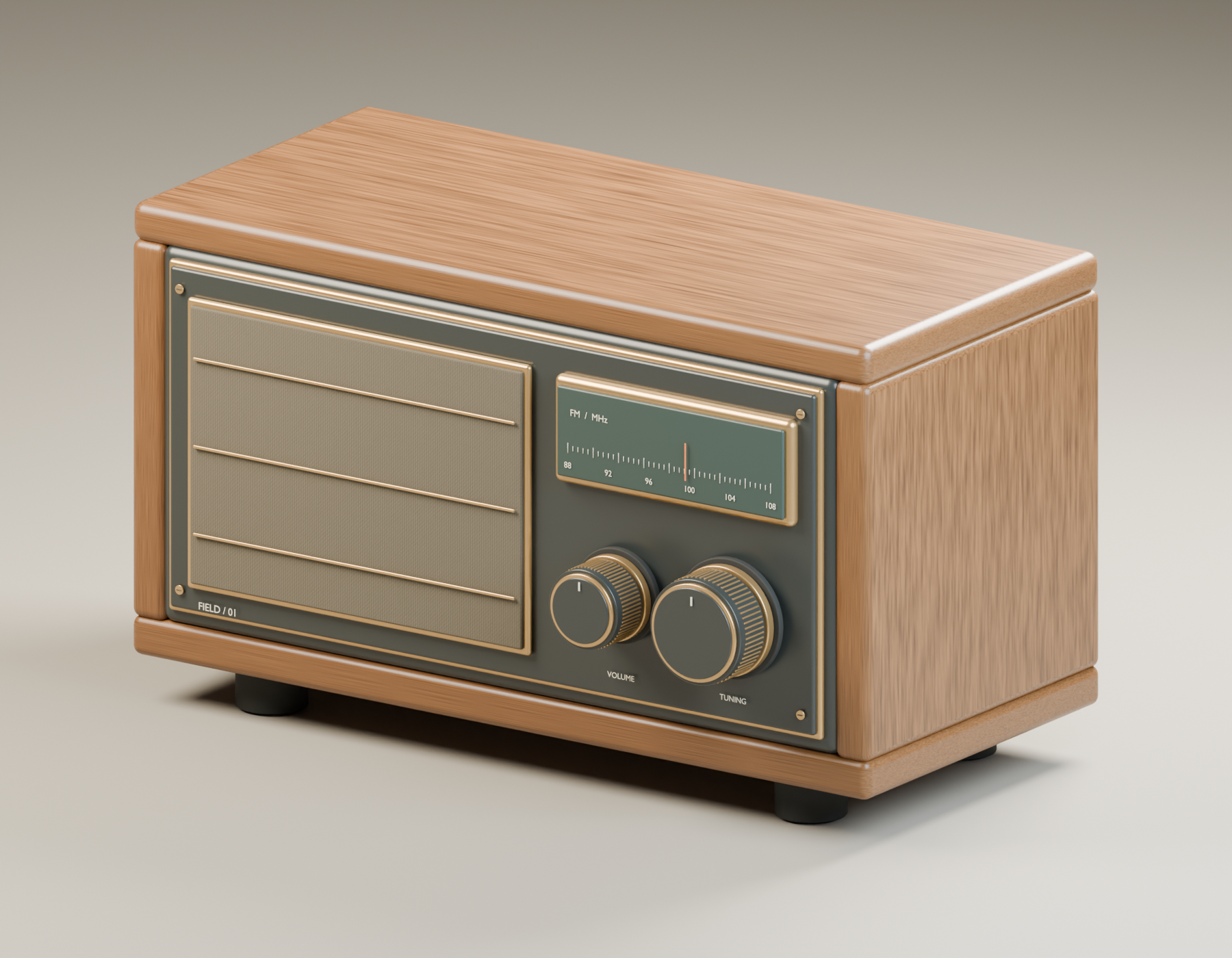 Wood and brass field radio &mdash; original Blender model and studio render