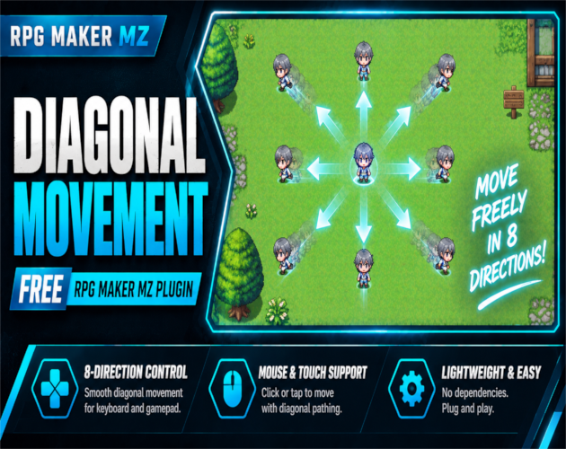 CT Diagonal Movement thumbnail for the free RPG Maker MZ 8-direction and diagonal movement plugin.