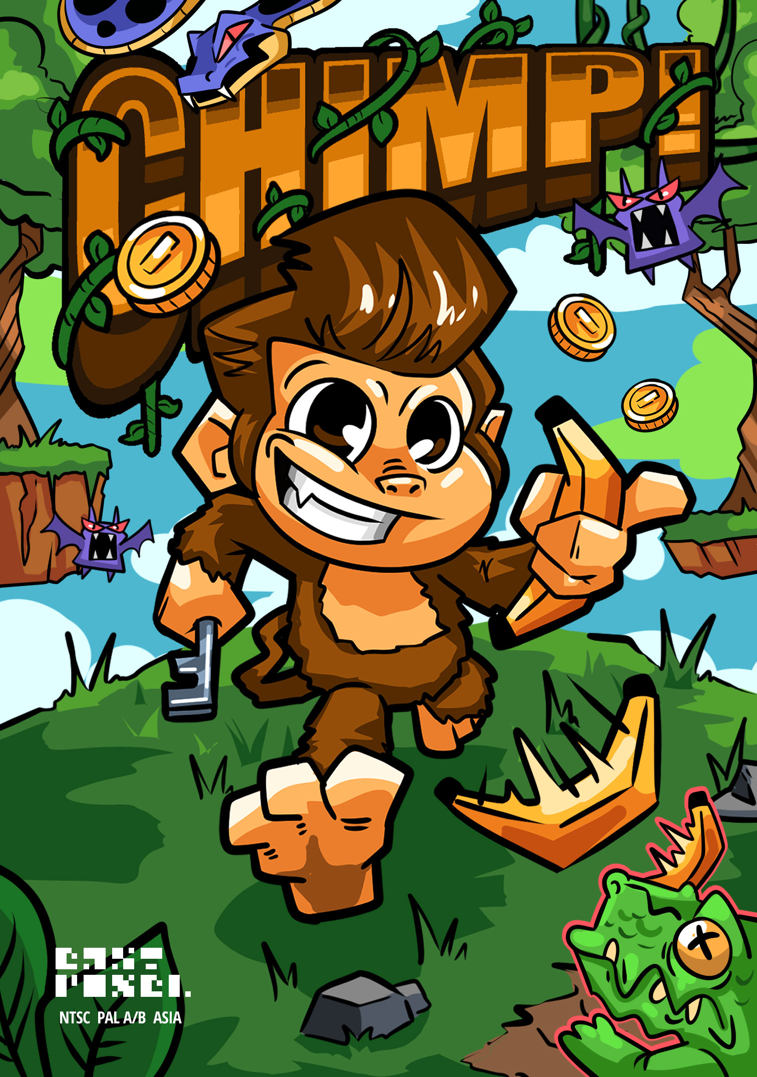 Gamecover of "Chimp!" (a game for NES/Famicom by EASTPIXEL)