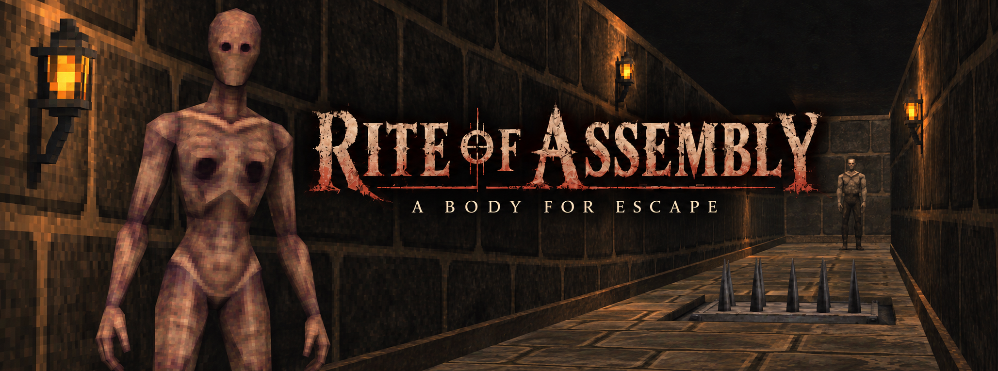 Rite of Assembly: A Body for Escape — an incomplete body in a torchlit dungeon