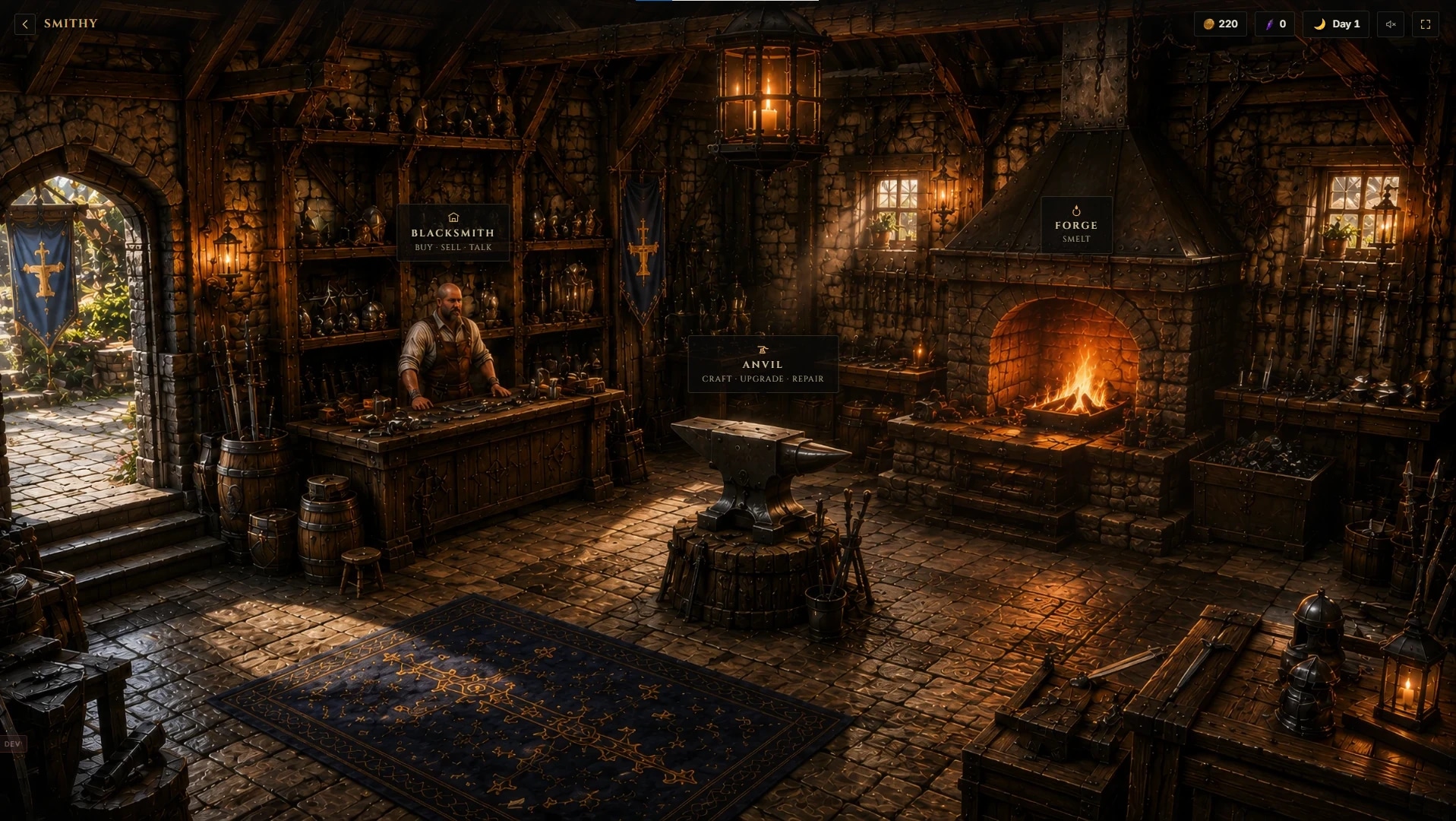 The warmly lit blacksmith workshop, forge and anvil