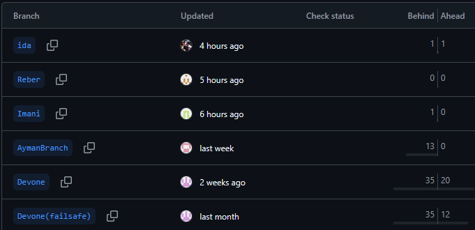 screenshop showing the 6 branches currently active for our project on github