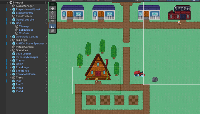 screenshot showing our scene hierarchy and map, the latter featuring a farmhouse, some plots, and north of there, some houses and the blacksmith and their shop