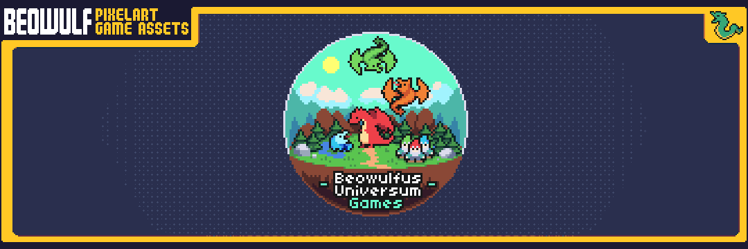 Pixel art banner with fantasy creatures, forest background, and text reading 'Beowulfus Universum Games'.