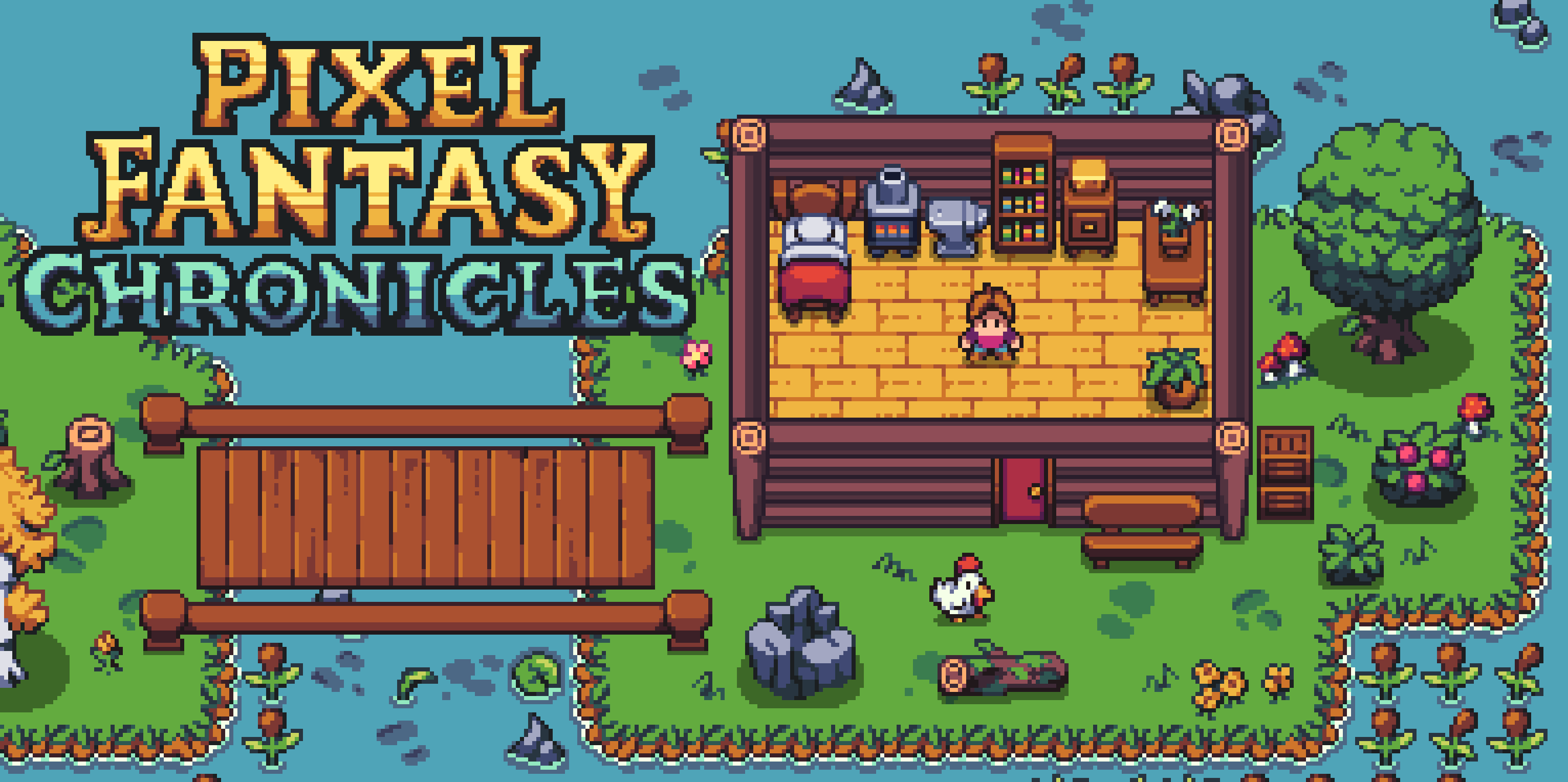 PIXEL FANTASY CHRONICLES Pixel art game banner with "Pixel Fantasy Chronicles" text, a house interior, character, and outdoor scenery.