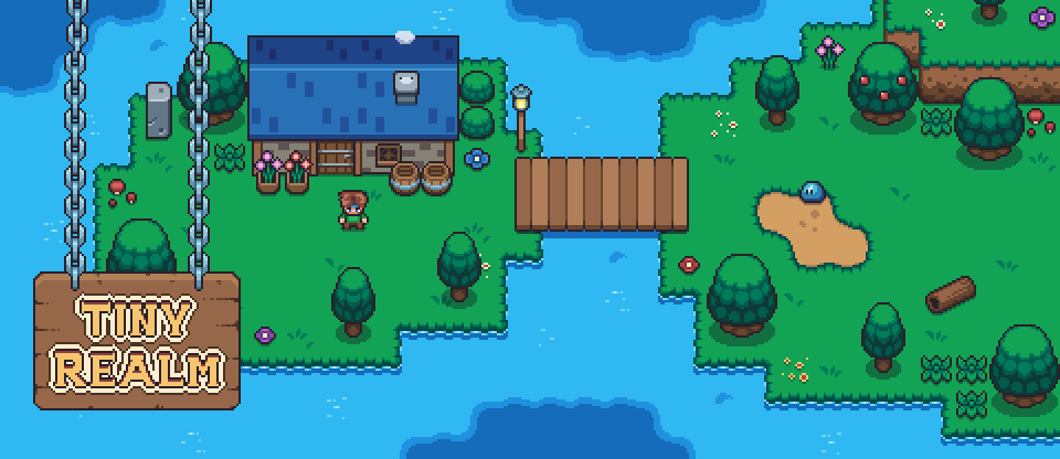 TINY REALM Pixel art scene with islands, a house, trees, a wooden bridge, and a hanging wooden sign reading 'Tiny Realm'.