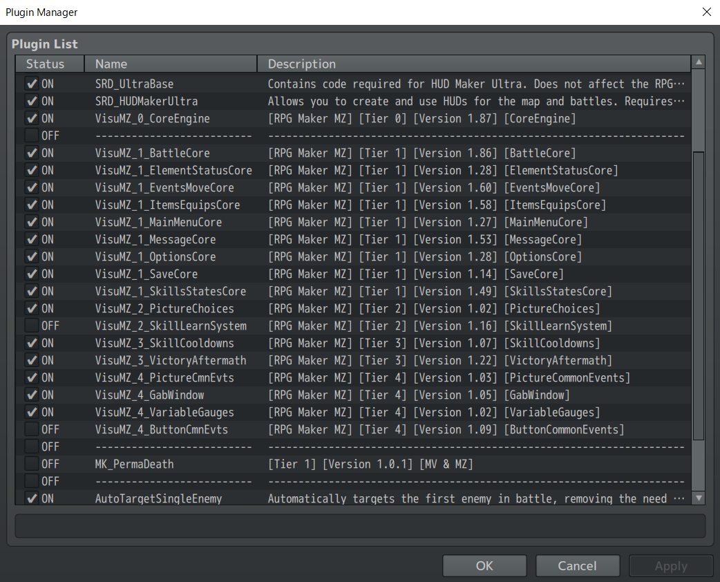 RPGツクールMZのプラグイン管理画面。多数の追加機能をJavaScriptプラグインとして読み込んでいる。