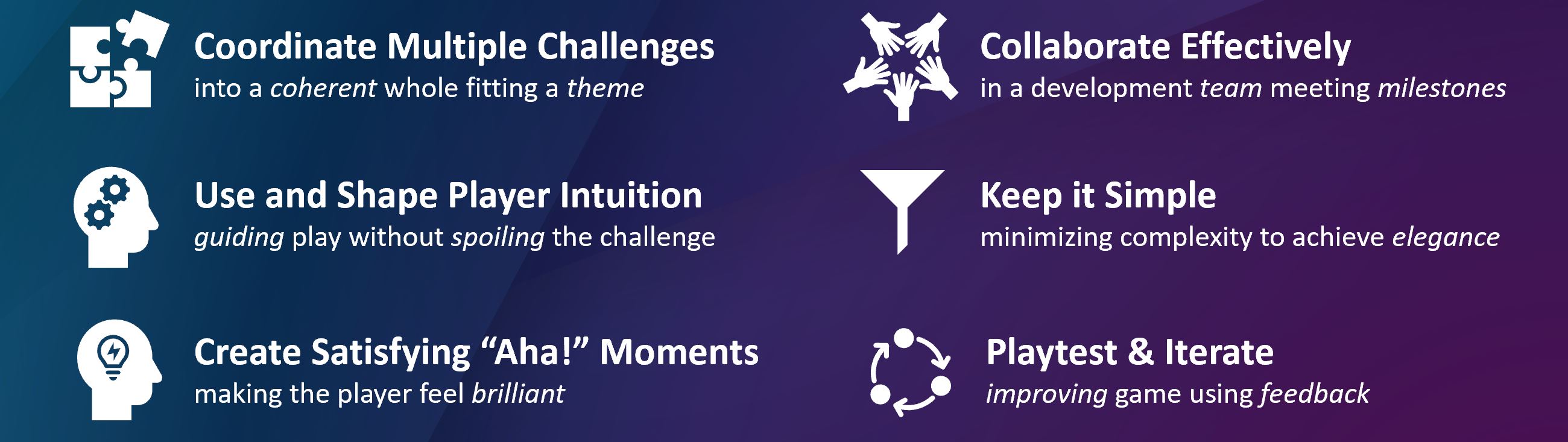 Coordinate Multiple Challenges / Use and Shape Player Intuition / Create Satisfying Aha Moments / Collaborate Effectively / Keep it Simple / Playtest & Iterate