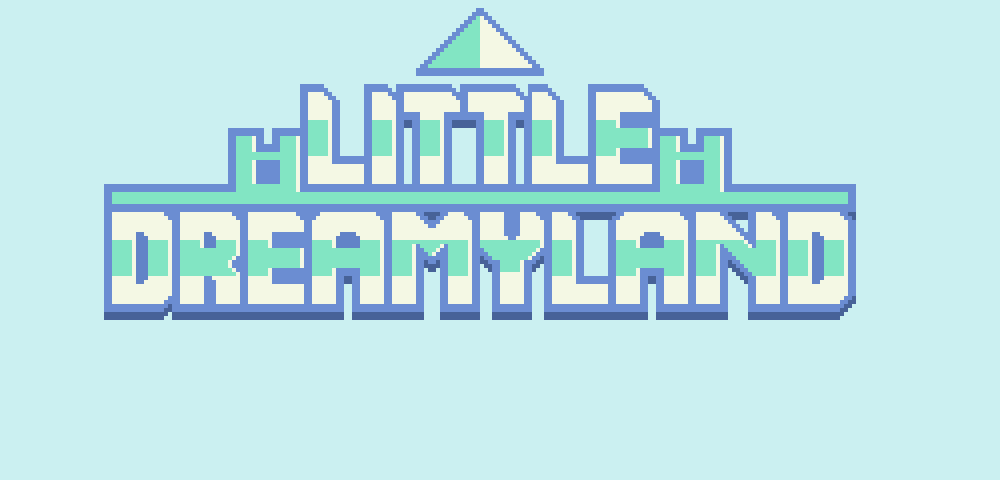 LITTLE DREAMYLAND Pixel art logo with the words 'Little Dreamyland' in pastel colors and a triangle above the text on a light blue background.